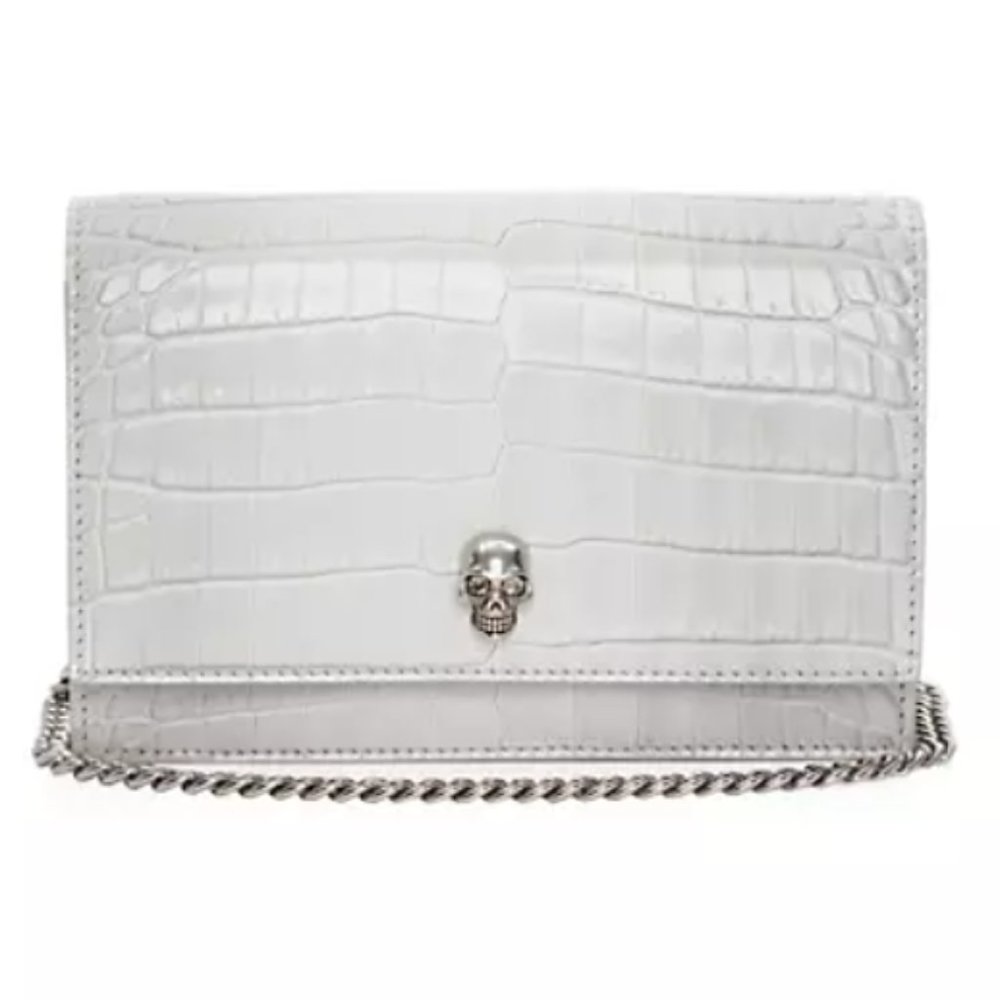 Alexander McQueen Skull Croc-Embossed Leather Chain Crossbody Light Gray